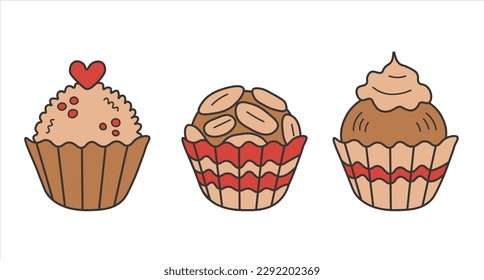 Round chocolate candies set in doodle style. Pretty collection of hand drawn Brazilian traditional sweets. Brigadeiro dessert colorful vector illustration