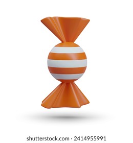 Round chocolate candy in orange wrapper with white stripes. Concept of trick or treat for celebrate Halloween. Vector illustration in 3d style with shadow