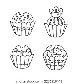 Round chocolate candy in packaging set. Doodle collection of hand drawn Brazilian sweets. Black and white various brigadeiro outline elements. Isolated vector illustration