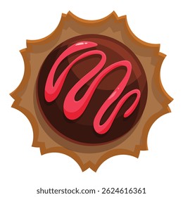 Round chocolate candy with pink topping is lying on a decorative stand, isolated on white background