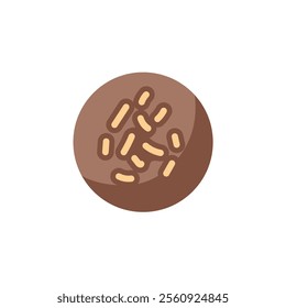 Round chocolate candy with a sprinkle of toppings in mocha mousse color. Dessert icon for bakery design isolated on white background.