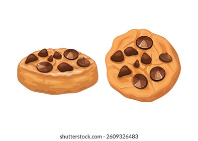 Round Chocolate chip cookie icon set vector illustration. Chocolate chip cookies icon set vector isolated on a white background. Biscuits with chocolate drawing