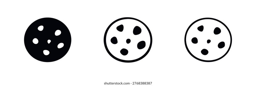 Round Chocolate Chip Cookie Icon Set. Dessert Biscuit Vector Symbols.