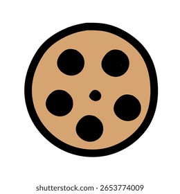 A round chocolate chip cookie with several dark chocolate chips.