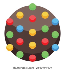 Round chocolate cookie covered with colorful sugar glaze isometric icon for web design isolated on white background