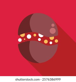 Round chocolate cookie opening, showing filling cream with colorful sprinkles, isolated vector illustration on solid red background 