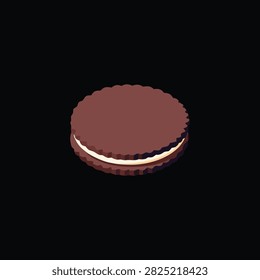 Round chocolate sandwich cookie illustration with cream filling isolated black background