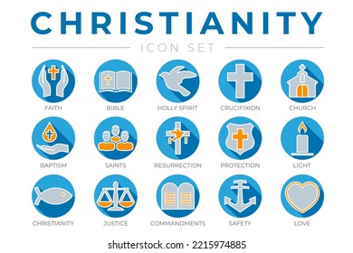 Round Christianity Icon Set with Faith, Bible, Crucifixion , Baptism, Church, Resurrection, Holy Spirit, Saints, Commandments,Light, Protection, Justice, Safety and Love Thin Icons