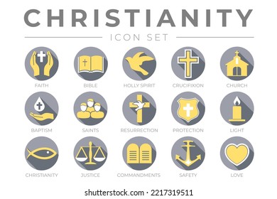 Round Christianity Icon Set with Faith, Bible, Crucifixion , Baptism, Church, Resurrection, Holy Spirit, Saints, Commandments,Light, Protection, Justice, Safety and Love Color Icons