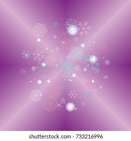 Round Christmas background with random scatter falling colorful snowflakes, blurred lights and sparkles on a lilac gradient background