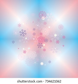 Round Christmas background with random scatter falling colorful snowflakes, bright lights and sparkles on a blue and pink blurred background