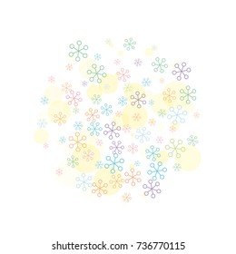 Round Christmas background with random scatter falling colorful snowflakes and yellow polka dots isolated on white.