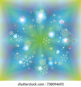 Round Christmas background with random scatter falling colorful snowflakes and bright lights and sparkles on a blue and green background.