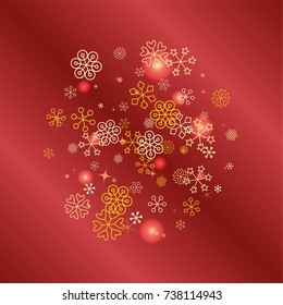 Round Christmas background with random scatter falling golden snowflakes, red blurred lights and sparkles on a red gradient background
