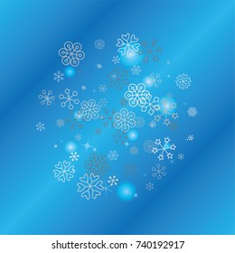 Round Christmas background with random scatter falling silver snowflakes, blue blurred lights and sparkles on a blue background