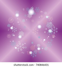 Round Christmas background with random scatter falling colorful snowflakes, blurred lights and sparkles on a lilac gradient background