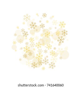 Round Christmas background with random scatter falling golden snowflakes and yellow polka dots isolated on white.