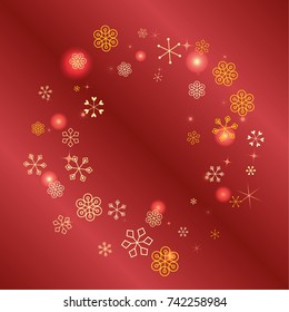 Round Christmas background with random scatter falling golden snowflakes, red blurred lights and sparkles on a red gradient background
