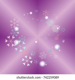 Round Christmas background with random scatter falling colorful snowflakes, blurred lights and sparkles on a lilac gradient background