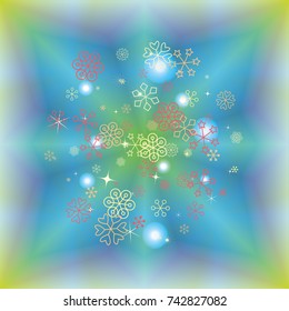 Round Christmas background with random scatter falling colorful snowflakes and bright lights and sparkles on a blue and green background.