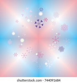Round Christmas background with random scatter falling colorful snowflakes, bright lights and sparkles on a blue and pink blurred background