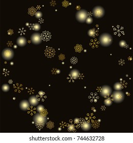 Round Christmas background with random scatter falling gold snowflakes and yellow blurred lights isolated on black.