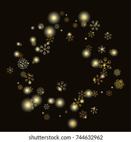 Round Christmas background with random scatter falling gold snowflakes and yellow blurred lights isolated on black.