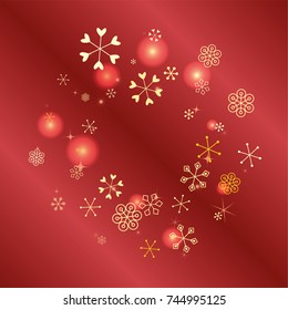 Round Christmas background with random scatter falling golden snowflakes, red blurred lights and sparkles on a red gradient background