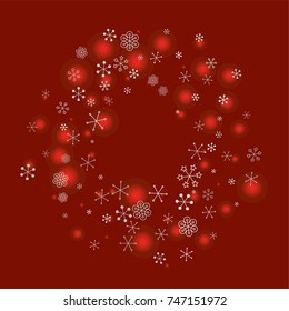 Round Christmas background with random scatter falling silver snowflakes and red blurred lights on a burgundy background.
