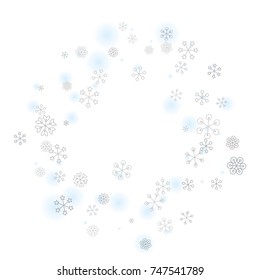 Round Christmas background with random scatter falling silver snowflakes and blue blurred dots isolated on white.