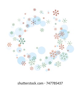 Round Christmas background with random scatter falling colorful snowflakes and blue polka dots isolated on white.