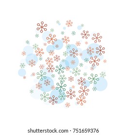 Round Christmas background with random scatter falling colorful snowflakes and blue polka dots isolated on white.