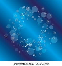 Round Christmas background with random scatter falling silver snowflakes and blue polka dots on a navy blue background.