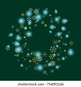 Round Christmas background with random scatter falling golden snowflakes and blue blurred lights on a dark green background.