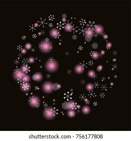 Round Christmas background with random scatter falling silver snowflakes and pink blurred lights isolated on black