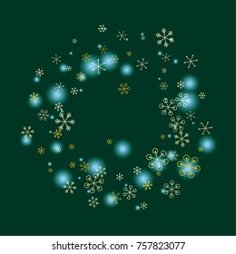 Round Christmas background with random scatter falling golden snowflakes and blue blurred lights on a dark green background.