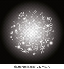 Round Christmas background with random scatter falling white snowflakes and light blurred dots on a transparent background.