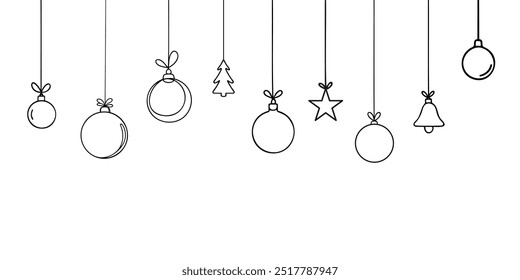 Round Christmas balls hanging from the ceiling linear drawing