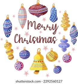 Round Christmas composition and cute Christmas tree toys and balloons. Festive New Year's card, print, banner. Vector illustration in a flat cartoon style