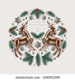 Round Christmas Composition made of Pine Branches, Ornaments, Snowflakes, Confetti and Glass Reindeer. Flat lay, top view.