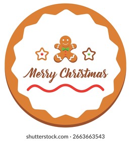 Round Christmas cookie with gingerbread man star decorations and Merry Christmas text Vector illustration