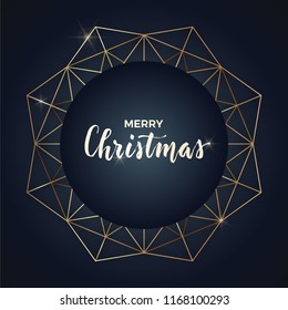 Round Christmas design with decorative geometric wreath and golden lettering on dark backround. Vector illustration. Template for banner, card or flyer.