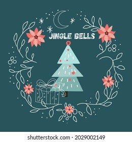 Rundweihnachtliche Gestaltung, Doodles, Baum und Geschenk, Poinsettia, Buchstabenklocken