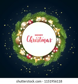 Round Christmas design with light bulb garland, fir tree wreath, glowing stars, gold glitter and balls on dark backround. Vector illustration. Template for banner, card or flyer.