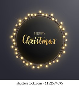 Round Christmas design with light bulb garland on dark backround. Vector illustration. Template for banner, card or flyer.