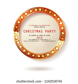 Round Christmas design with light bulb garland on white backround. Vector illustration. Template for banner, card or flyer.