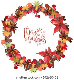 Round Christmas festive wreath on white background.