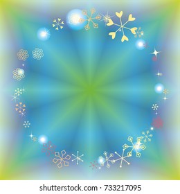 Round Christmas frame or border with random scatter falling colorful snowflakes and bright lights and sparkles on a blue and green background.
