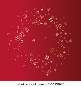 Round Christmas frame or border with random scatter falling golden snowflakes isolated on a red gradient background