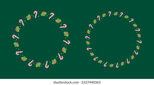 Round Christmas Frame Border Set, Winter Holiday Graphics. Cute Mistletoe and Candy Cane pattern, card and social media post template vector illustration.